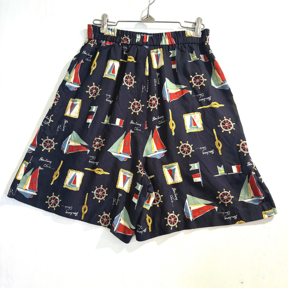 Vintage High Rise Sailing Club Nautical Print Rayon Shorts Navy Blue Size 10 USA